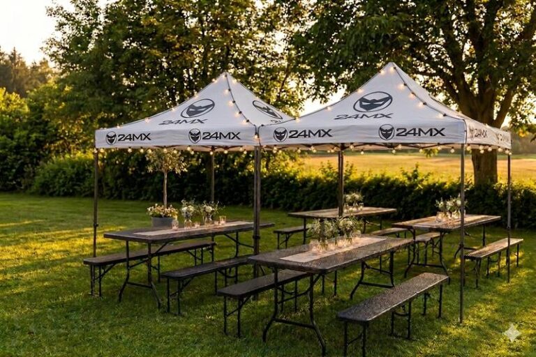 Faltpavillons mit Biertischgarnituren auf einer Wiese