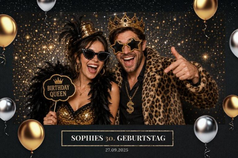 Paar mit Krone und Sternenbrille auf einem Fotobox-Foto mit Vorlage zum 30. Geburtstag