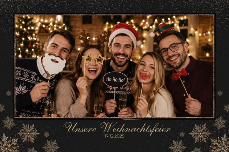 Vier Kollegen mit Weihnachtsrequisiten auf einem Fotobox-Foto mit weihnachtlicher Fotovorlage